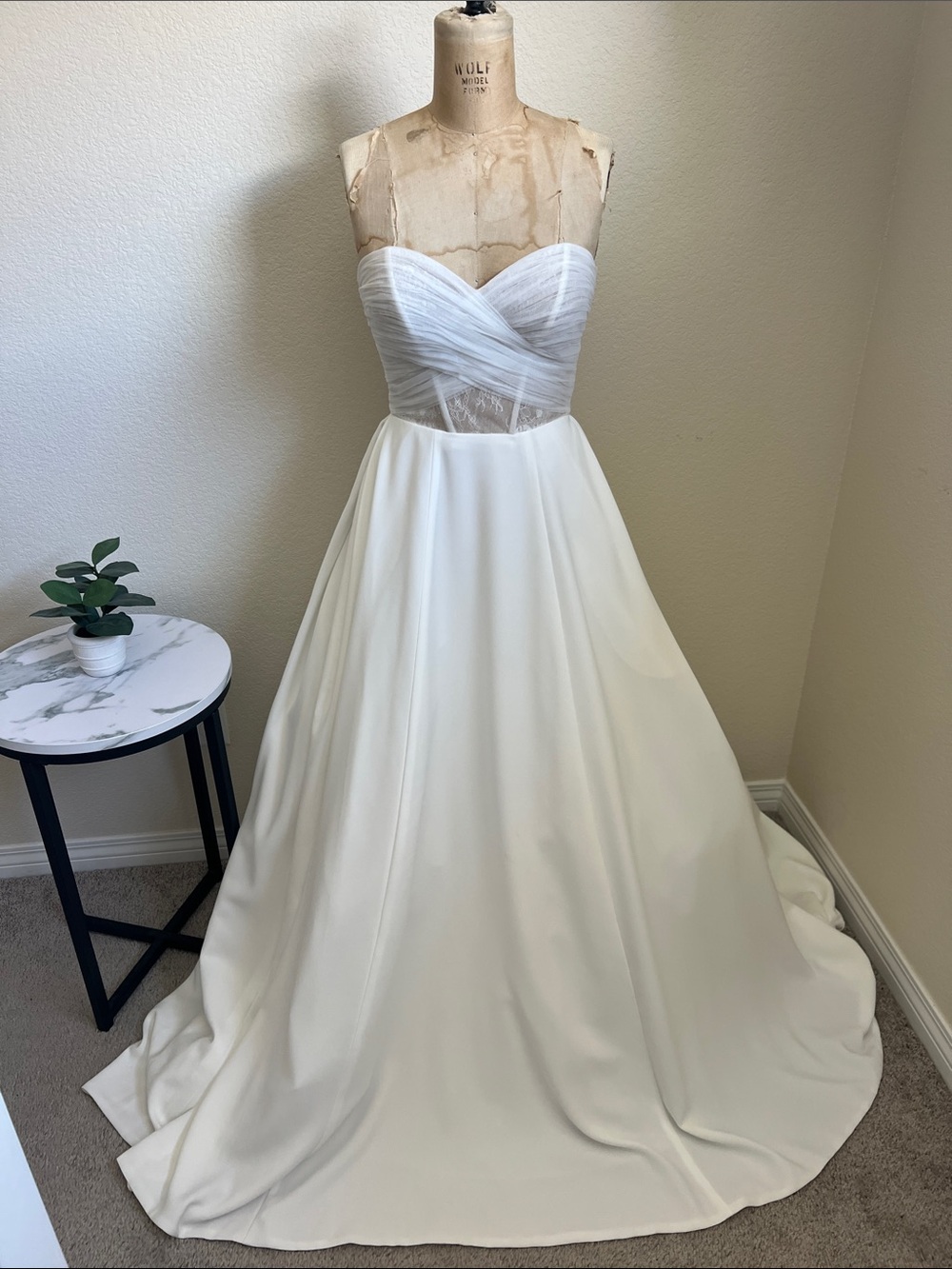 Mori Lee Ivory Strapless A-Line Wedding Gown with Sheer Ruched Bodice